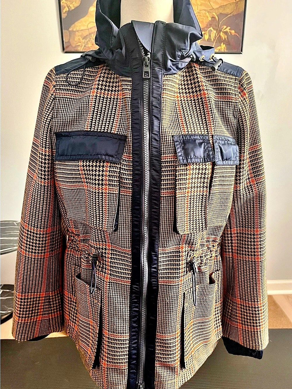 Tory Burch Plaid  Anorak Houndstooth Brown & Black XS Like New